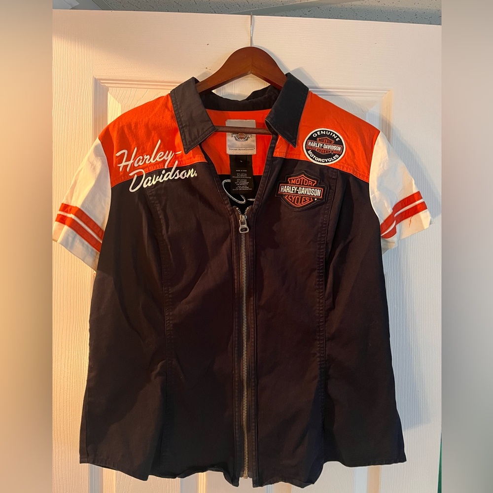 Harley-Davidson Women’s Zip Up Biker Shirt Racing Style Embroidered Logo Large